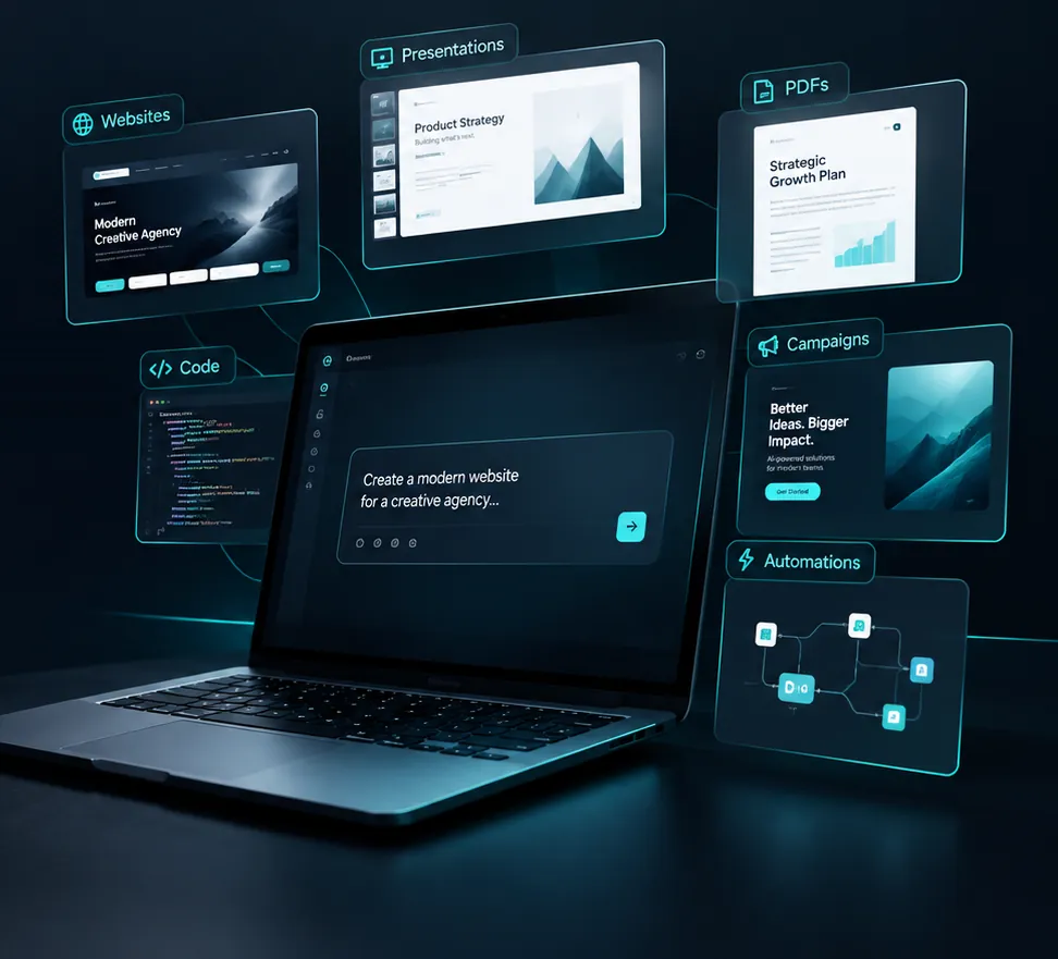 Laptop with an AI prompt box surrounded by panels for websites, presentations, PDFs, code, campaigns and automations